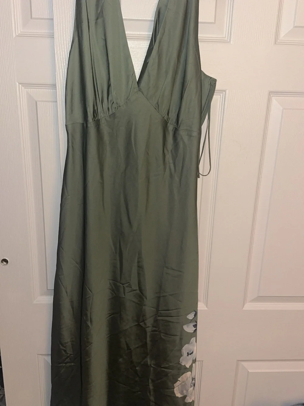 Green dress w/ Blue Floral Accent V-Neck Maxi Dress
